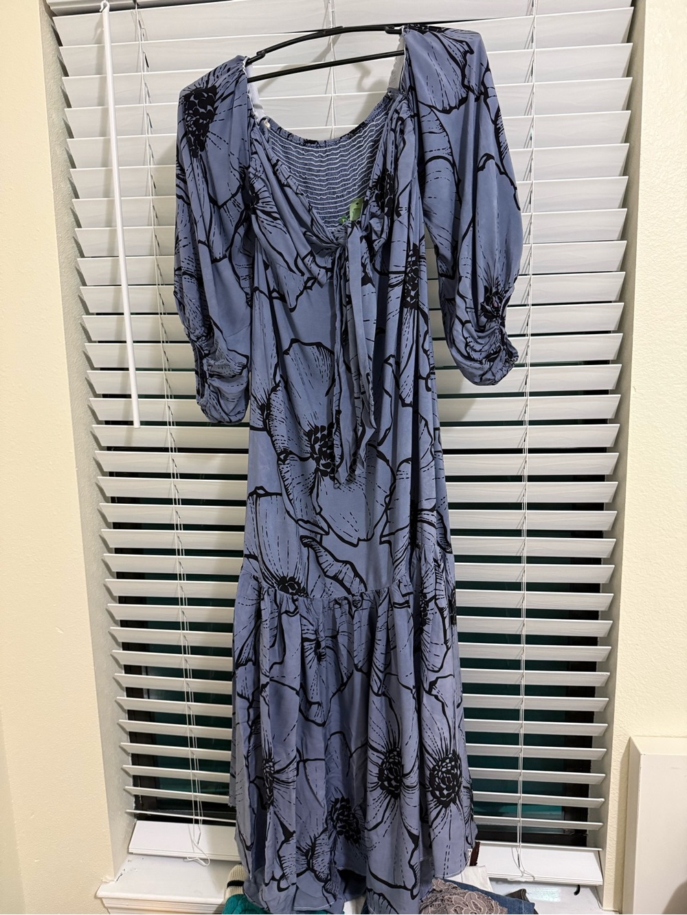Farm rio blue Floral Midi Dress with Tie Neck